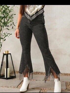Blue B Black Flare Jeans with Beaded Fringe. NWOT Size XS